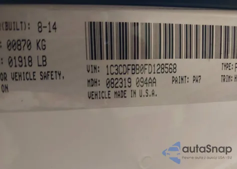 2015 Dodge Dart Sxt из США, поврежденный, VIN 1C3CDFBB0FD128568